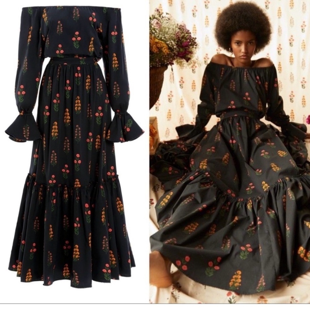NWT Agua By Agua Bendita Almendra Dahlia Floral Off Shoulder Maxi Dress Sz Large